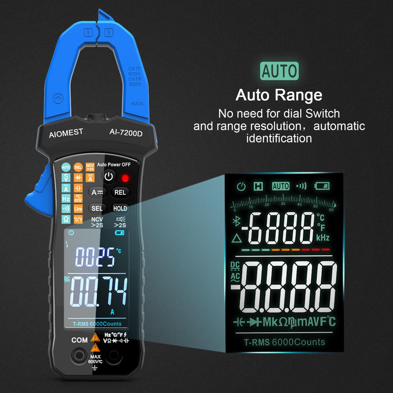 [Australia - AusPower] - AIOMEST Digital Clamp Meter, 6000 Counts Handheld Multimeter Slim Voltage Tester Auto-Range 60A/400A True-RMS w/NCV, DC & AC, Temp, Volt Ammeter AI-7200D 