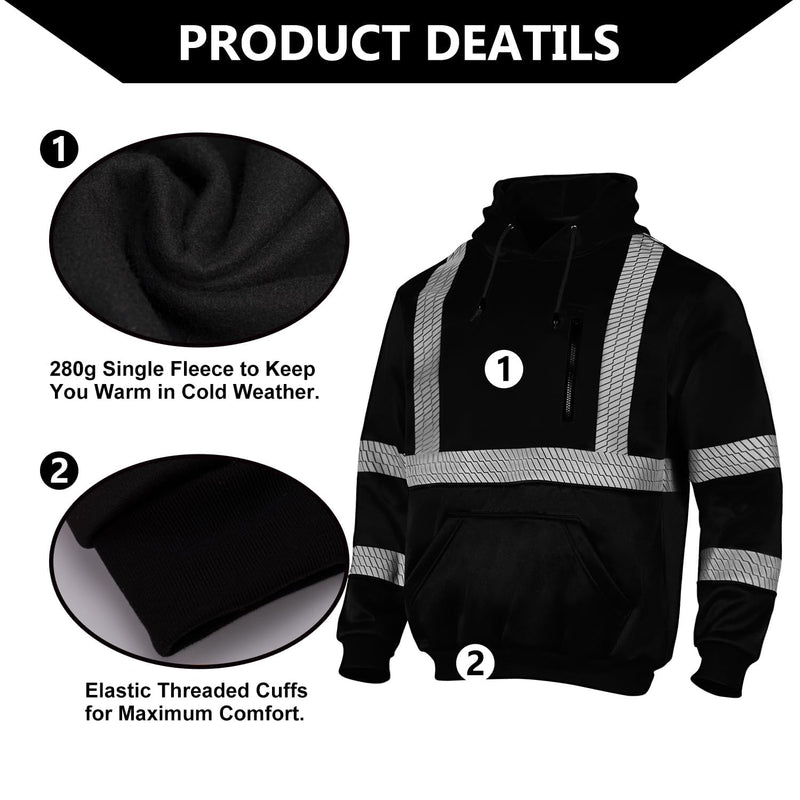 FONIRRA Hi Vis Hoodie for Men Reflective ANSI Class 3 Safety Sweatshirts High Visibility Construction Work Winter Pullover Black X-Large