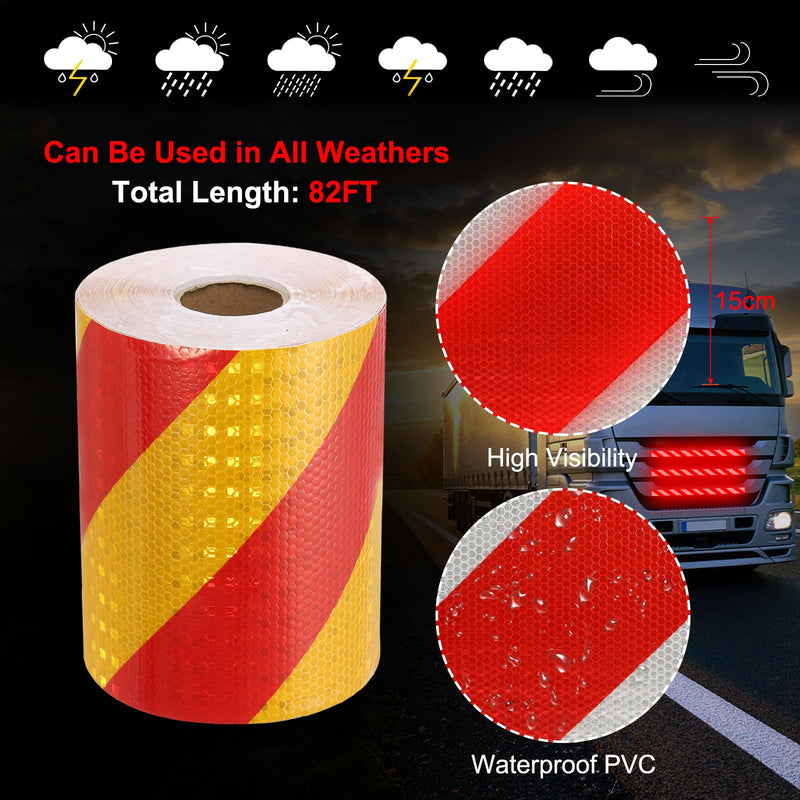MECCANIXITY Reflective Tape, 6 Inch x 82 ft Warning Safety Sticker Night Reflectors Self-Adhesive Trailer Reflector Twill Tape for Cars Trucks Trailer, Yellow Red 6 Inch x 82 Feet