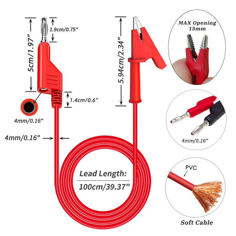 [Australia - AusPower] - Cleqee 4 mm Stackable Banana Plug to Crocodile Alligator Clips Test Leads Flexible Cable Wire Pack of 2 Red Black 3.3 ft/1 m for Multimeter Electrical Testing 2 Stück -1M 