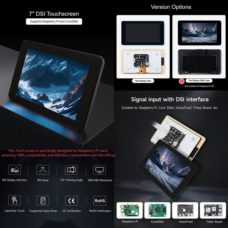[Australia - AusPower] - LUCKFOX DSI Capacitive 7 Inch Touch Screen with Case Support 3D Printing for Raspberry Pi Screen 800 x 480 Pixels 170° Wide Viewing Angle for Raspberry Pi Display IPS Screen for Core3566, VisionFive2 