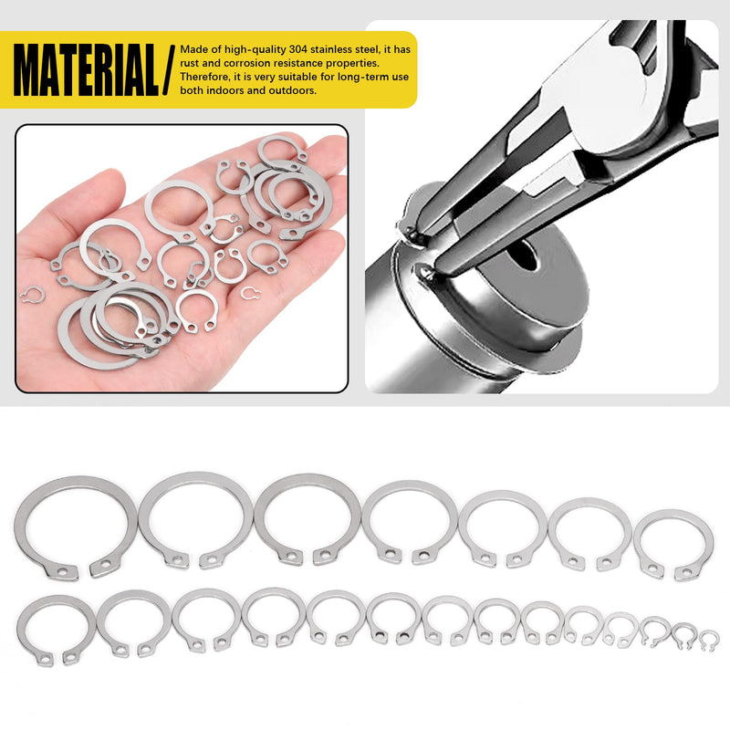 [Australia - AusPower] - 211Pcs 21 Sizes M4-M28 External Retaining Rings Assortment Kit, Stainless Steel Circlip Retainer Rings, Circlip Snap Retaining C-Clips with Tweezer for Axles, Shafts and Other Moving Parts Silver 