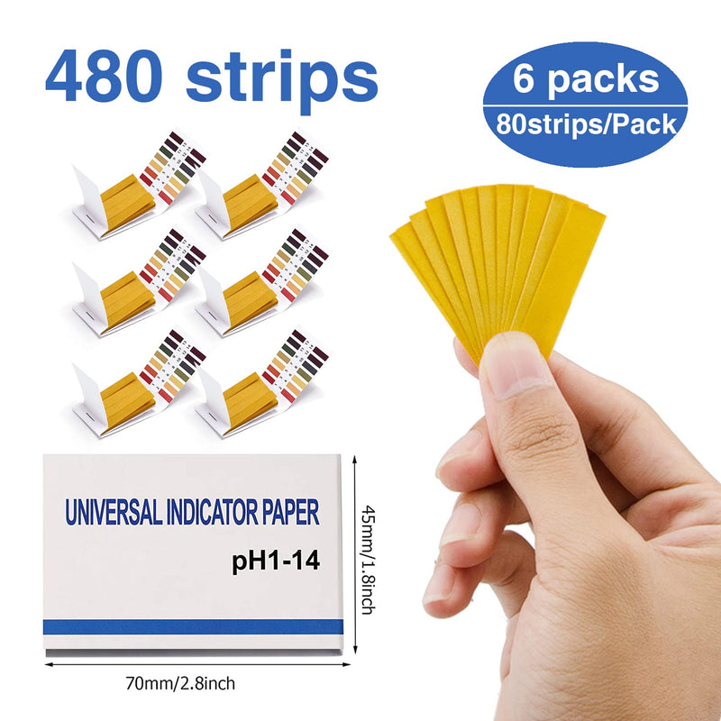 [Australia - AusPower] - 6 Pack pH Test Strips, 480 Strips Full Range 1-14 Universal pH Test Litmus Paper pH Soap Making Testing Strips for Water Wine Saliva Urine Soil, pH Strips and 6 Test Pipette Droppers with Storage Case 