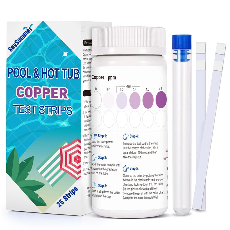 [Australia - AusPower] - Copper Test Strips for Pool Water: 25 Counts Pool Copper Test Kit for Testing Range 0-2 ppm Copper in Swimming Pool Hot-Tub Spa - Pool Metal Test Kit for Above-Ground and Inground Pool Testing Copper 