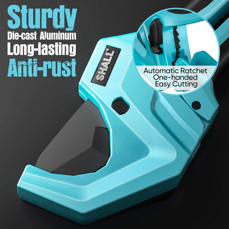 [Australia - AusPower] - SHALL PVC Pipe Cutter, Cuts up to 2-1/2”, Heavy-Duty Aluminum Ratchet Pipe Cutter Tool for PVC, PPR, PE, PEX, Plastic Hoses & Plumbing Pipes, Fast Pipe Tube Cutters with High Performance SK5 Blade 2-1/2 inch 