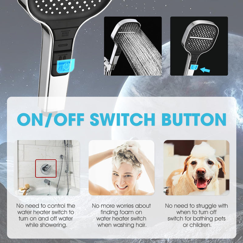 Handheld Shower Head with Extra Long Hose, 8 Setting Square Detachable Hand Held Spray with Upgrade Button & On Off Switch, 79" Hose - Chrome