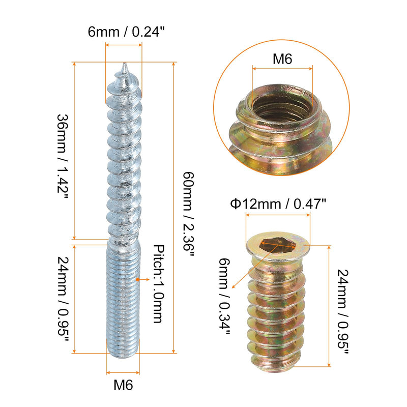 [Australia - AusPower] - uxcell M6x60mm Hanger Bolts, 16pcs 31mm Wood Dowel Screw Self-Tapping Screw with 16pcs M6x24mm Threaded Insert Nuts Interface Hex Socket Drive, for Joint Furniture Legs 16 