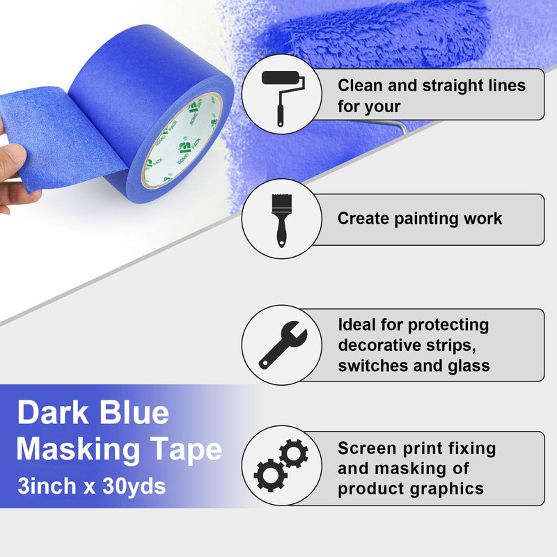 BOMEI PACK Wide Blue Painters Tape 3 Inches x 30 Yards, 3D Tape, 3D Printing Tape for Laser Cutting, 21-Day Clean Removal Wide Masking Tape