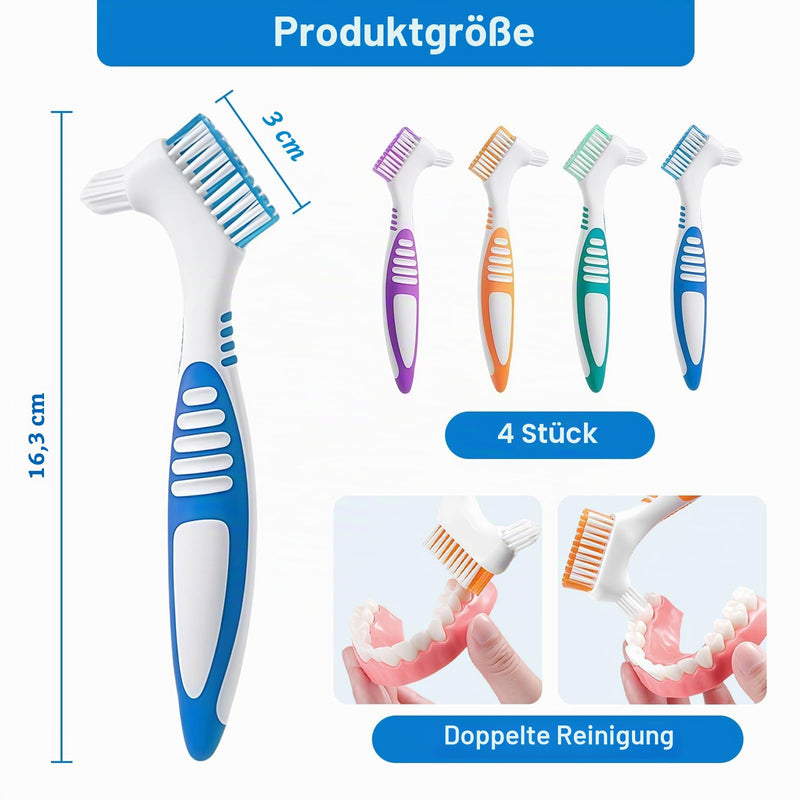 Flintronic Pack of 4 Double-Sided Denture Cleaning Brushes, Soft Denture Brush, Toothbrush for Prostheses, Multilayer Bristles for Cleaning False Teeth Pack of 4 Brushes