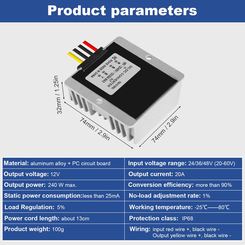 DC-DC Step-Down Converter, 36V 48V 60V to 12V Voltage Converter, Voltage Reducer Converter, Waterproof Power Supply Module Transformer, Voltage Limiter Adapter 20V-60V to 12V 20A