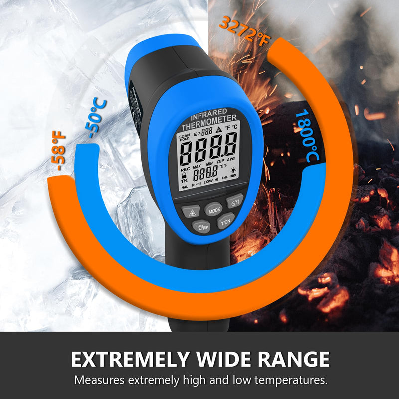 [Australia - AusPower] - HOLDPEAK Pyrometer D:S=50:1, High Temp Infrared Thermometer -58℉~3272℉(-50℃~1800℃), Non-Contact Industrial Laser Thermometer Gun with Flashlight, Digital IR Temperature Gauge HP-1800 (NOT for Human) 1PC-HP-1800-BLUE(-50~1800℃ Higher) 