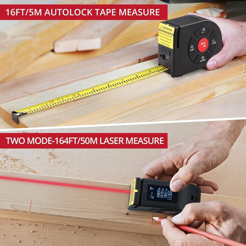 BINTA 2-in-1 Laser Tape Measure, 164Ft/50M Laser Measurement Tool & 16.5Ft/5M Digital Tape Measure, USB-C Rechargeable Distance Meter with LCD Display, Ft/Ft+in/in/M Units for Area/Volume/Pythagorean