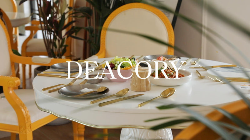 DEACORY 5-piece stainless steel flatware set with matte finish, includes serving utensils with thick, heavy design and hexagon-shaped handles.