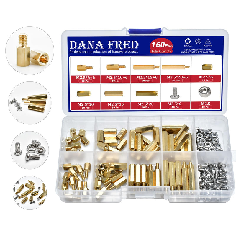 [Australia - AusPower] - M2.5 Hex Standoff Spacers Nuts Screws Kit,160 Pcs M2.5 Male Female Metric Thread Mount Spacer Screw Nut Bolt Motherboard Spacer Accessories for PCB, Desktop Computers Circuit Board Assortment Kit M2.5 Brass Standoff Kit 
