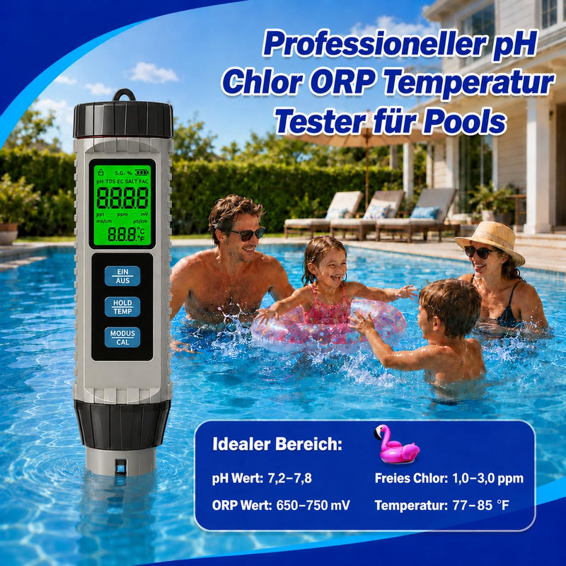 8-in-1 PH Meter Water, Pool Chlorine Meter, Digital Water Quality Tester for pH, TDS, EC, Salinity, S.G., Chlorine, ORP and Temperature, for Swimming Pool, Aquarium, Hot Tub, Drinking Water