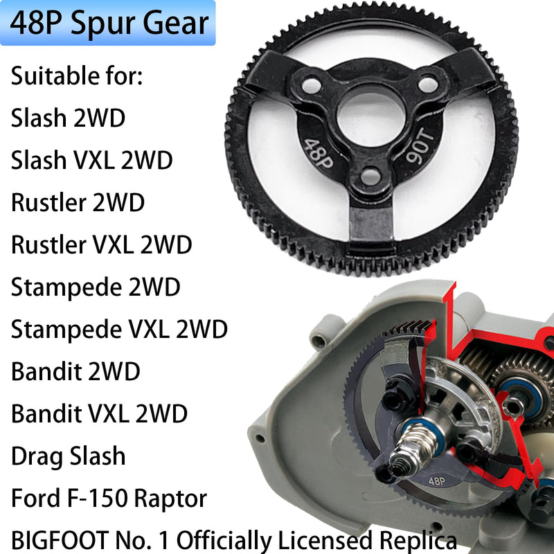 [Australia - AusPower] - RC 48P 90T Spur Gear Hardened Steel Spur Gear Upgrades Part for Traxxas 1/10 Slash Stampede Rustler Bandit 2WD VXL XL-5 F-150 SVT, (90T) 