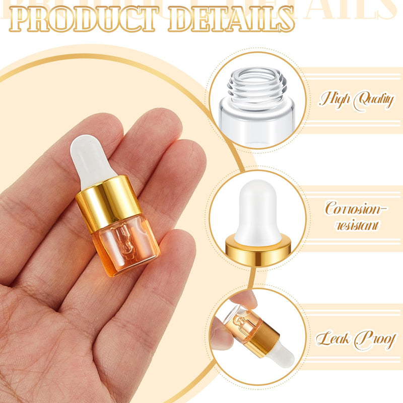 [Australia - AusPower] - 100 Pcs Mini Glass Dropper Bottle Bulk Clear Essential Oil Dropper Bottles Small Glass Dropping Sample Containers Perfume Liquid Cosmetic Sample Vials with Cap for Traveling (Gold,1 ml) Gold 1 ml 