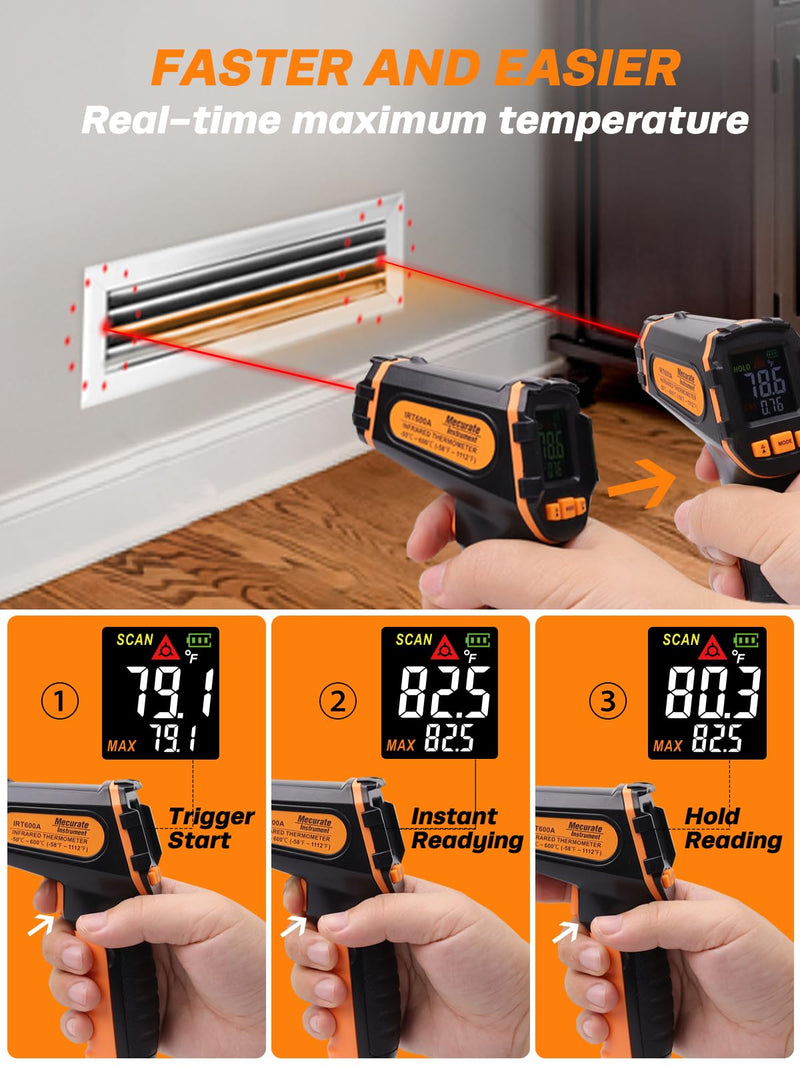[Australia - AusPower] - Mecurate Digital Infrared Thermometer Gun Non Contact Laser Temperature Gun -58??1112?(-50??600?) Adjustable Emissivity & Max Measure for Cooking/BBQ/Freezer with Food Thermometer 