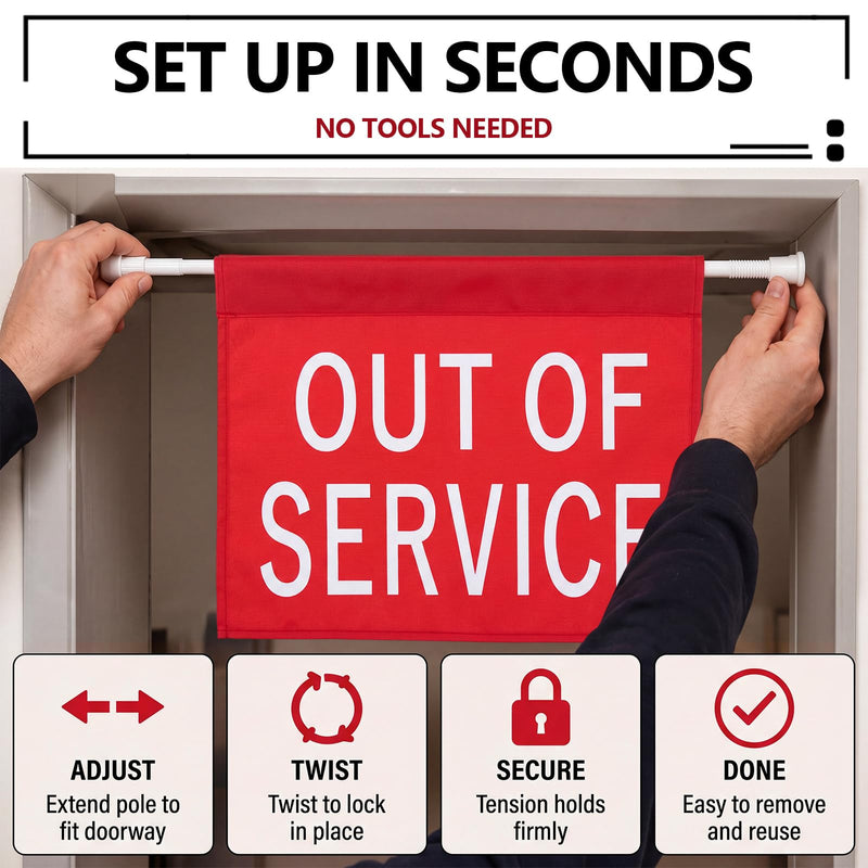 Leinuosen Out of Service Sign with 27-51 Inch Adjustable Tension Pole, Hanging Caution Door Barricade Sign for Bathroom Cleaning, Closed Restroom, Maintenance Area, Commercial Facilities, Elevator