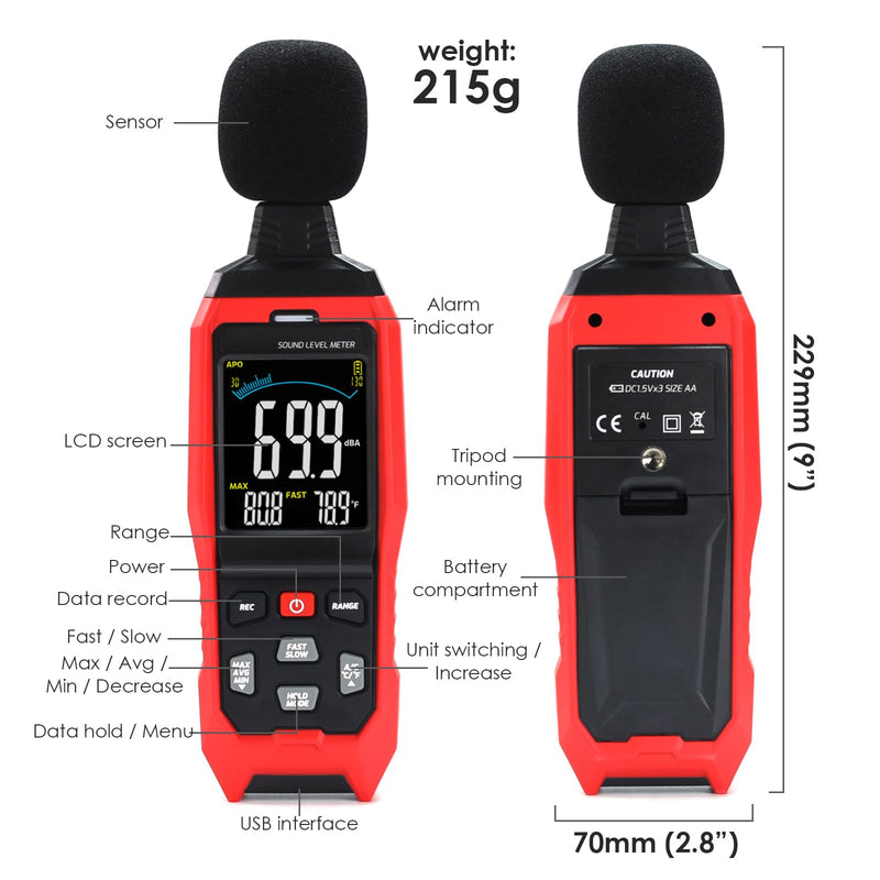 [Australia - AusPower] - Decibel Meter Sound Level Meter, High Accuracy db Meter Classroom Noise Meter with A/C/Z Weighted, spl Meter with Logging 30-130dB Audio Noise Measure Device with Data Hold Backlight 