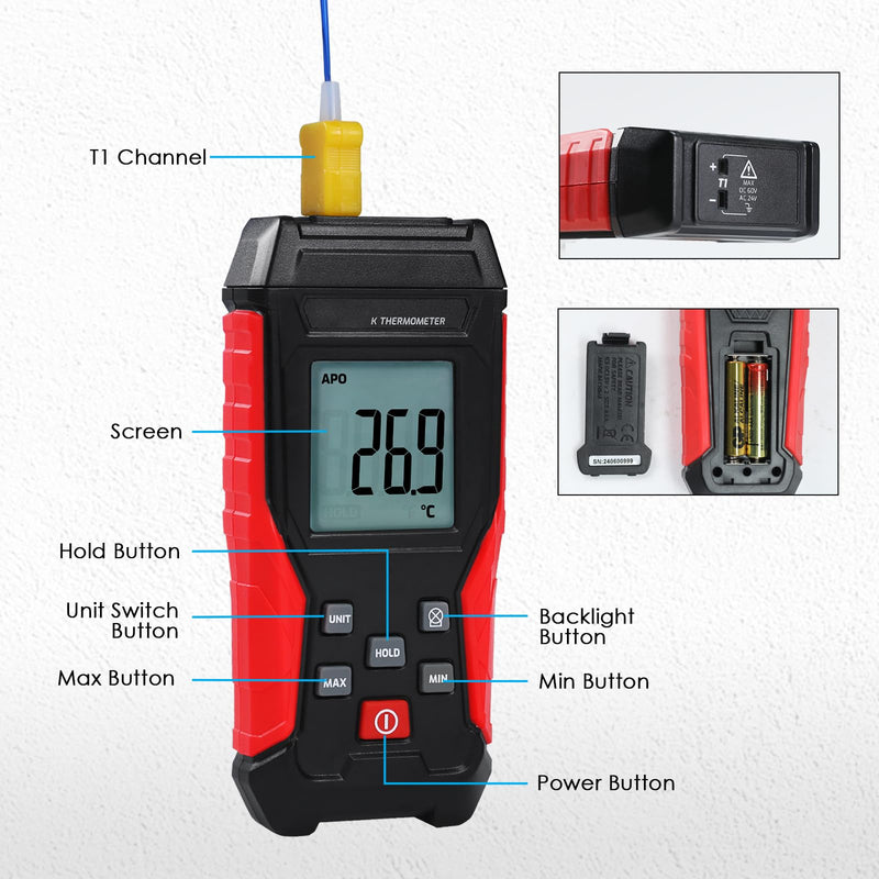 [Australia - AusPower] - Digital Type K Thermocouple Thermometer HVAC Temperature Clamp Meter, -328°F~2501°F Range Single Channel K-Type Temperature Meter Gauge with Thermocouples & Lead Probe Pipe Clamp Measures -40°F~392°F 