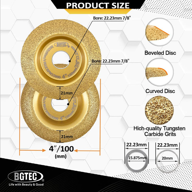 [Australia - AusPower] - BGTEC Wood Grinding Wheel - Angle Grinder Wood Carving Disc Set 4" 100mm with 22.23 Arbor for Wood Grinding, Curved and Beveled 2PCS Curved&Beveled 2.0 