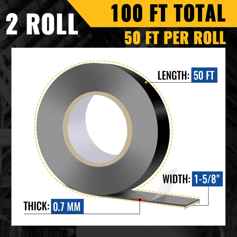 VIVIDA Butyl Joist Tape for Decking 1-5/8" × 50' (2 Roll), Waterproof Deck Joist Butyl Sealant Tape for Wood Beams, Roof 1-5/8"×50′ (2 Rolls)
