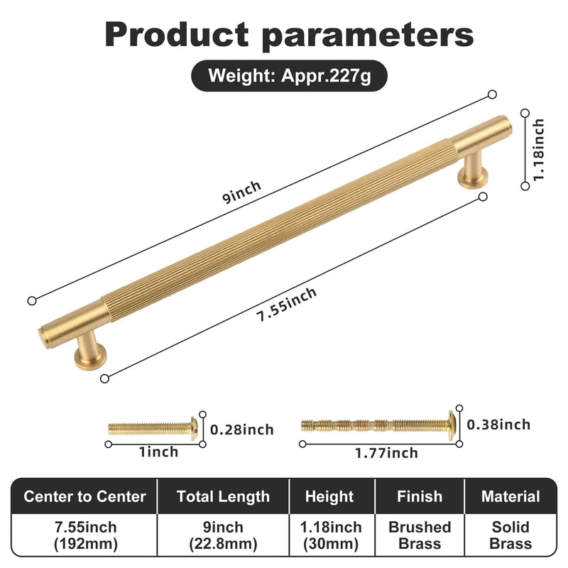 SALISENG Solid Brass Kitchen Cabinet Pulls,7-1/2 Inch Brushed Matt Gold Dresser Drawer Handles, Modern Furniture Hardware Door Pulls for Cupborard Wardrobe Closet Vanity 7-1/2 Inch Hole Centers Brushed Gold 2