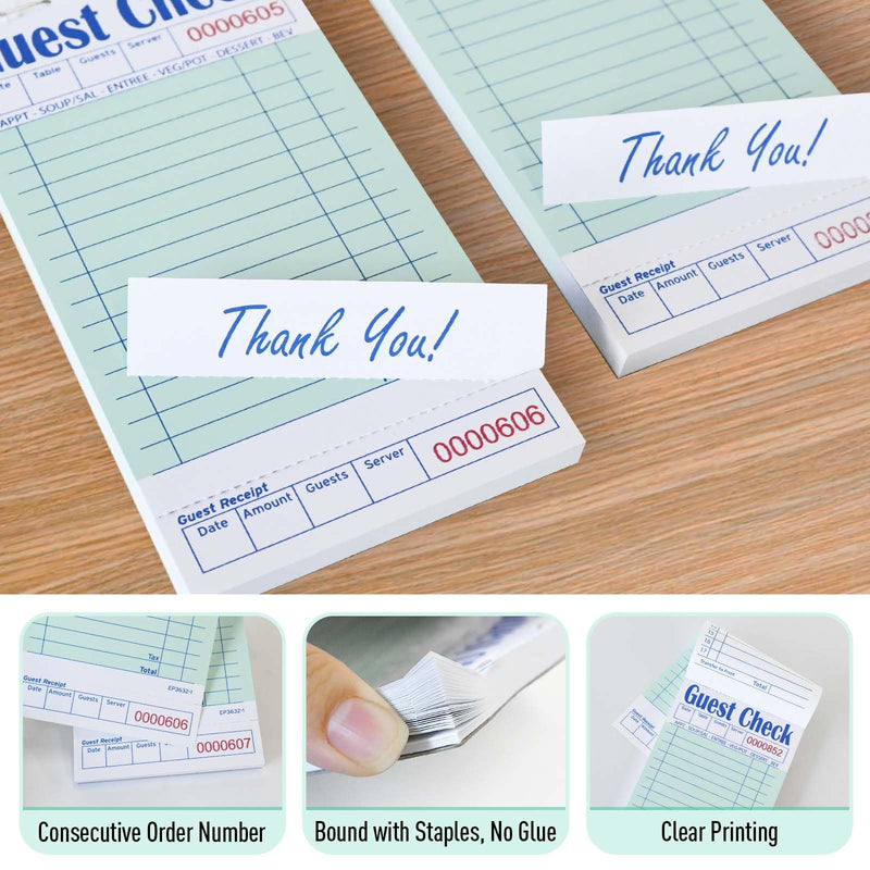 [Australia - AusPower] - Guest Check Books for Servers, 5 Pack of EP-3632-1 Server Note Pads, Thick Server Paper with Guest Receipt, Waitress Notepads - 250 Orders Total (Green, 6.75"x3.5") 5 Pack--Green 