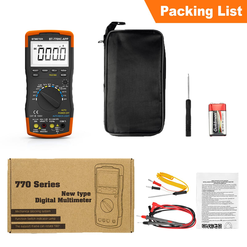 BTMETER Digital Multimeter, Handheld TRMS 6000 Multi Meter Auto Range Voltmeter Ammeter Measure AC DC Volt Amp Ohm Continuity Capacitance Frequency Diode hFE Transistor Temp 770HC-APP 6000 Counts Multimeter Logger 770HCAPP