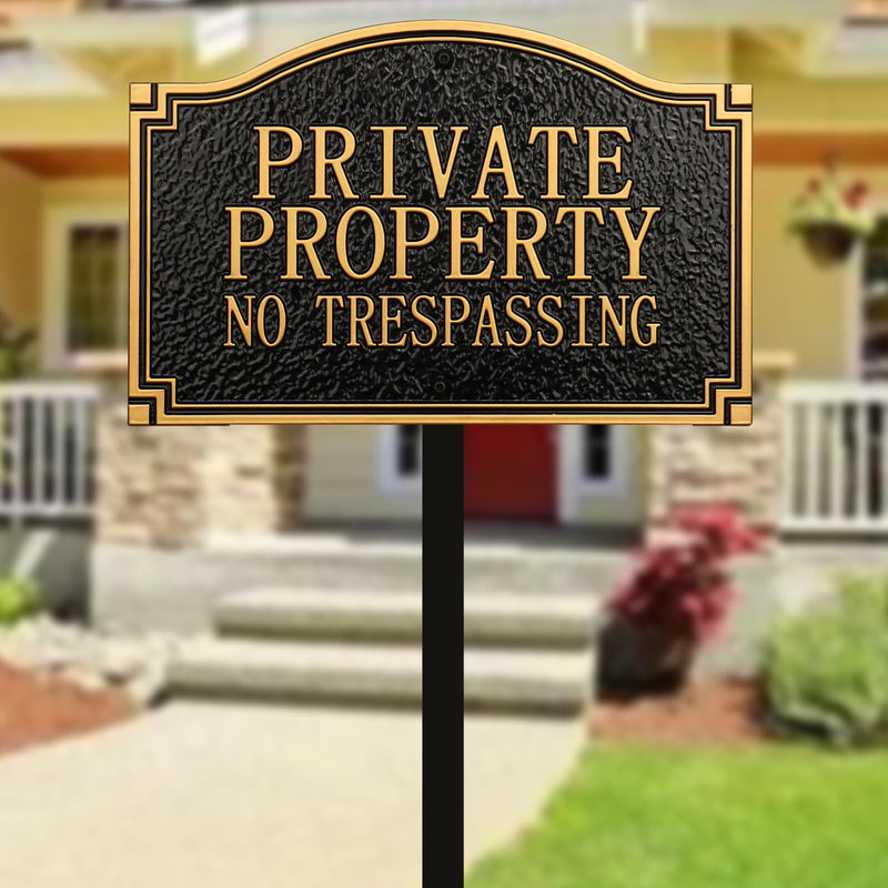 Private Property No Trespassing Sign - Solid Metal Cast, Embossed Statement Plaque,11.5"×7.5" with 31.5" Stakes, Classic Design for House, Home, Garden and Yards, Upgraded Stainless Screws