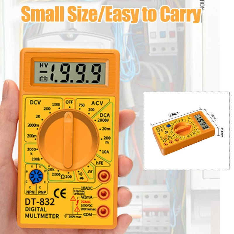 [Australia - AusPower] - DT832 Digital Multimeter Multi Tester Handheld Multimeter Mini Pocket Digital AC/DC Voltage Current Tester with Buzzer LCD Multi-Meter (Yellow) Yellow 