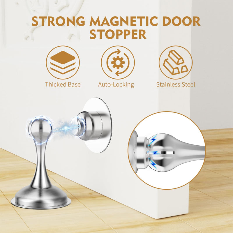 [Australia - AusPower] - Magnetic Door Stopper Door Catch - 2 Pack Stainless Steel Heavy Duty Door Holder Stops for Bottom Top of Door - Wall Floor Mounting No Drill 3M Adhesive & Screws Strong Magnet Keep Door Open, Silver Silver 2 Pack 