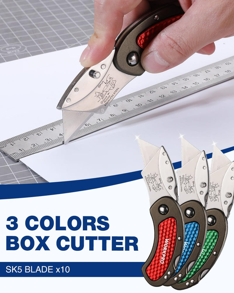 [Australia - AusPower] - WORKPRO Folding Utility Knife Set Quick Change Blade, Back-lock Mechanism 3-piece with 10-piece Extra Blades 