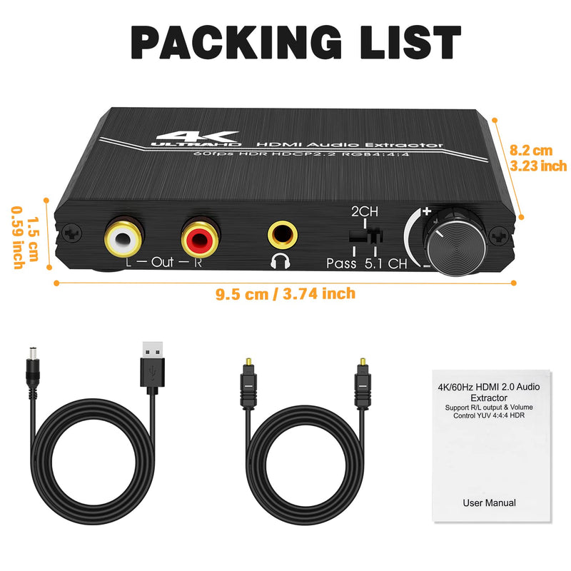 [Australia - AusPower] - HDMI 2.0 Audio Extractor, Tendak HDMI to HDMI with Optical SPDIF + 3.5mm Stereo + RCA L/R Audio Adapter Converter with Volume Control Support 4K@60Hz HDCP 2.2 HDR 3D YUV 4:4:4 