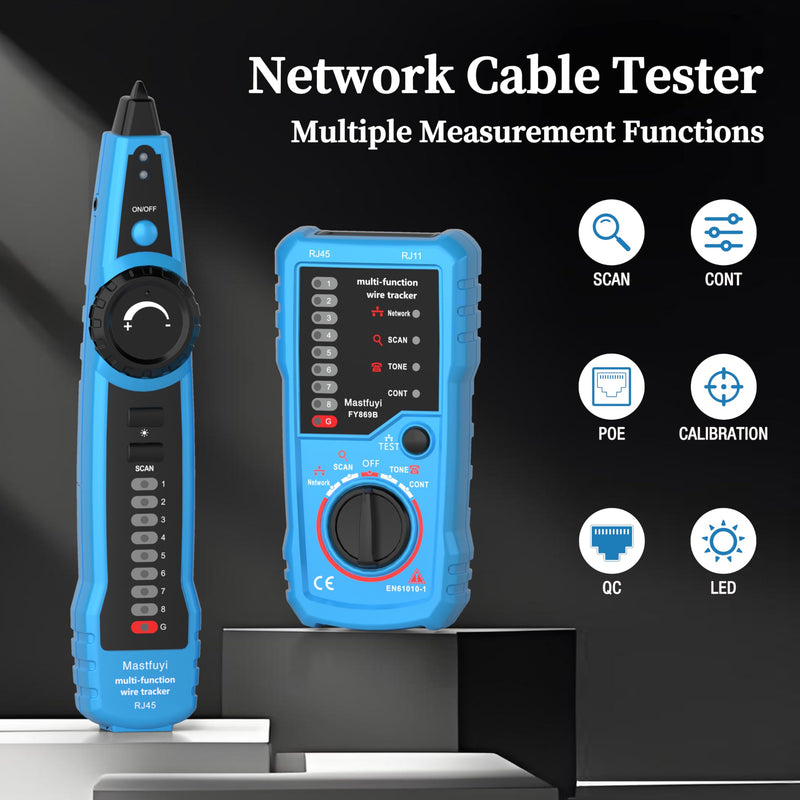 Network Cable Tester, POE RJ11 RJ45 Cable Tracer | Digital Signal Line Finder LAN Network Cat5 Cat6 Cable Maintenance Collation Telephone Line Test FY 869B -blue
