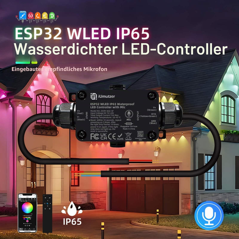 WLED Controller for Outdoor Use with Microphone, ESP32 DC 5-24V Input for Addressable RGB LED Strip WS2811 WS2812B SK6812 WS2815, IP65 Waterproof LED Strip Controller for Outdoor Use