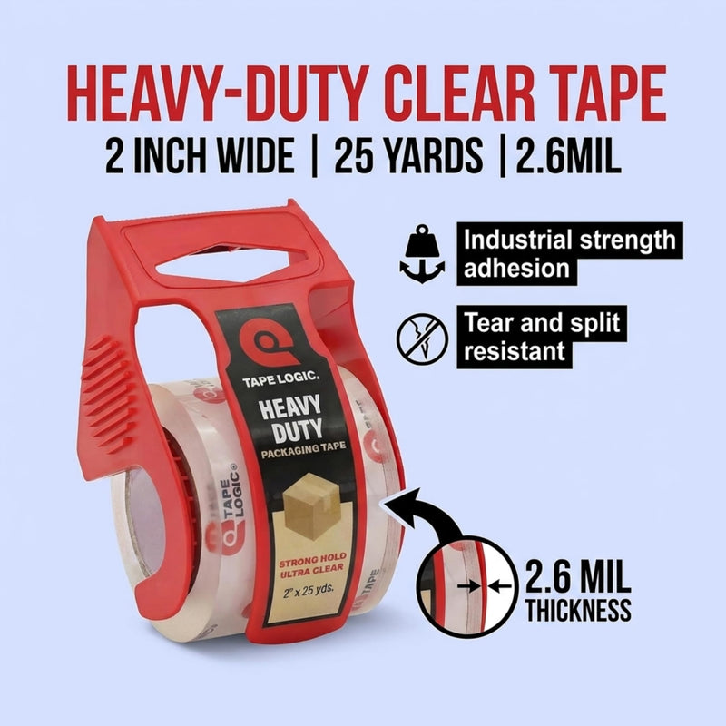 Tape Logic Heavy Duty Packing Tape with Dispenser (2 Pack) – 2.6 Mil Thick Clear Shipping Tape, 2 in x 25 yd – Strong Industrial Adhesive for Moving Boxes, Mailing, & Shipping Packaging 2 Rolls