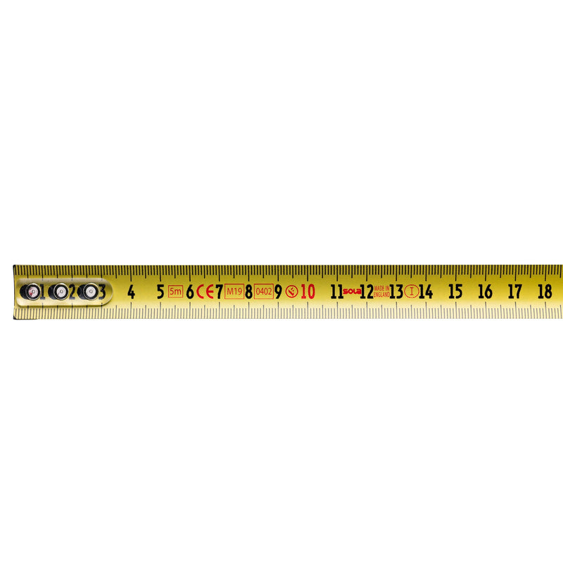 [Australia - AusPower] - SOLA Big T Tape Measure 5 m / 19 mm Extremely Robust Professional Tape Measure with Belt Clip Steel Tape Painted Yellow with mm Scale Accuracy Class I Roll Meter with Non-Slip End Hook Length 5 m / 19 