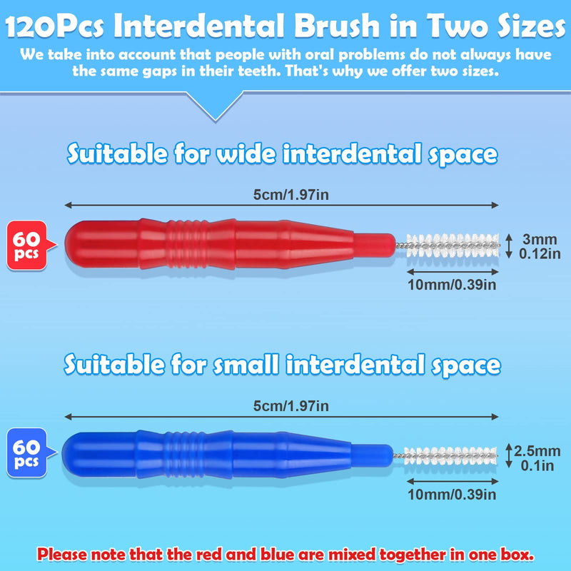 [Australia - AusPower] - 120Pcs Interdental Brushes 2 Sizes, 360° Bendable Soft Bristles Braces Brush Dental Brushes between Teeth Gum Interdental Brushes for Gum Braces Oral Teeth Cleaning Tool Blue + Red 