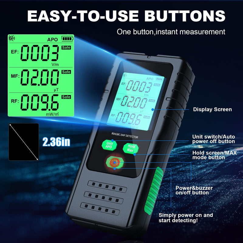 [Australia - AusPower] - EMF Meter 3-in-1, YOJOCK Portable Radiation Detector for EF, MF & RF Signals, Includes Additional Battery and German Instructions EMF Radiation Meter for Home, Office and Outdoor (Green) Green 