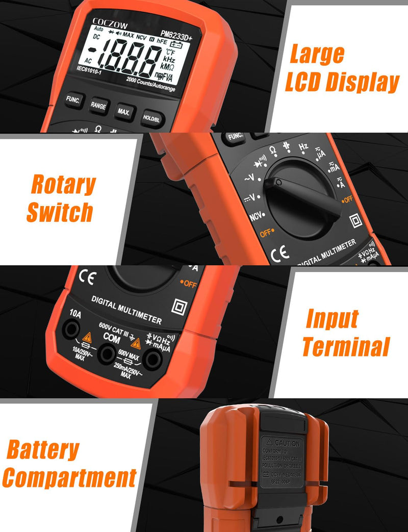[Australia - AusPower] - Digital Multimeter,Multimeter Tester, High Sensitivity Voltmeter Ammeter Ohmmeter NCV Circuit Checker Measures AC/DC Voltage,AC/DC Current, Resistance, Diodes, Continuity, Transistor (Black) Black 