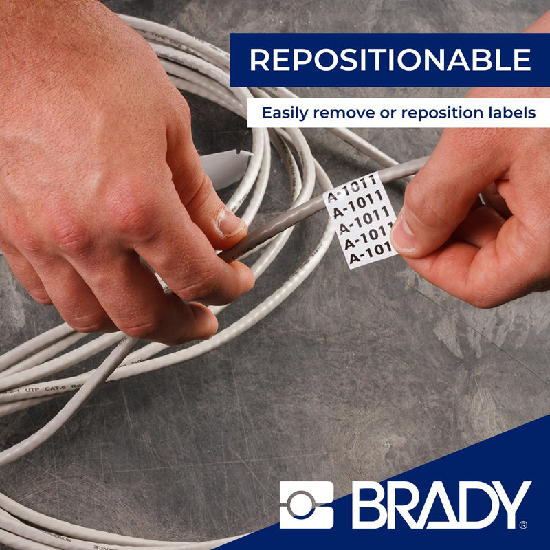 Brady Authentic (M4C-375-498) Repositionable Multi-Purpose Vinyl Cloth Labels 0.375" W x 20' L Black on White. for use with The BMP41, BMP51, and M511 Label Printers