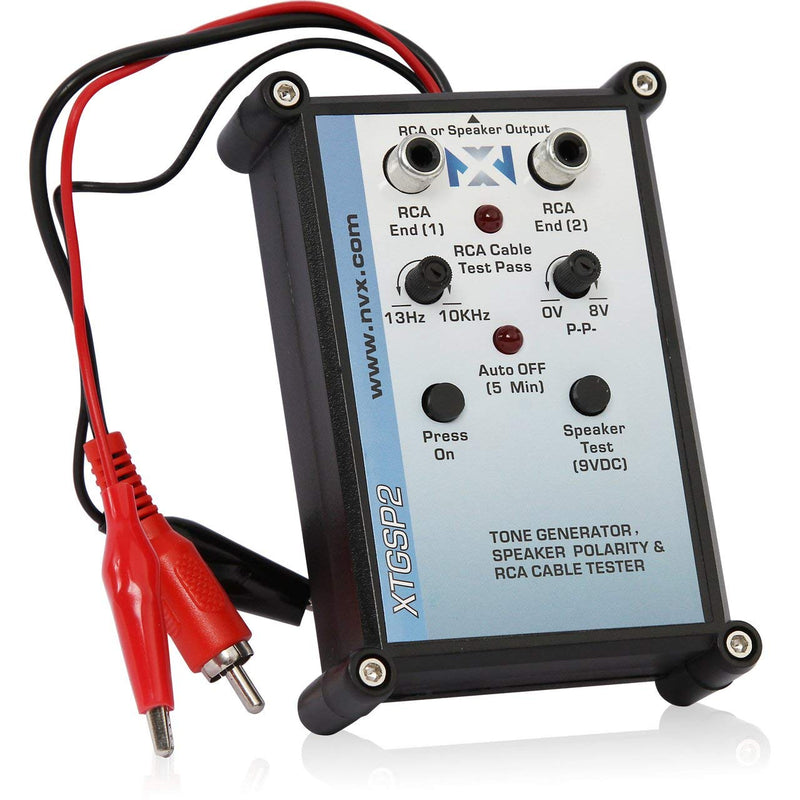 NVX XTGSP2 Tone Generator & Speaker Polarity Tester, 0–8V Output, 13–10,000Hz Variable Tone, RCA & Alligator Clip Leads, Auto Shutoff, Level & Frequency Controls for Audio System Setup