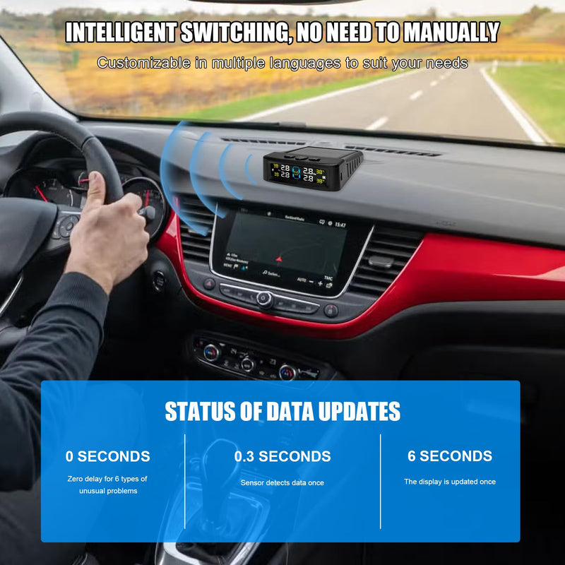 Tire Pressure Monitoring System, Tire Monitoring System with Solar & USB Charger, 4 External Sensors, 6 Alarm Modes, Auto On/Off Real-time LCD Display Tyre Pressure Monitor