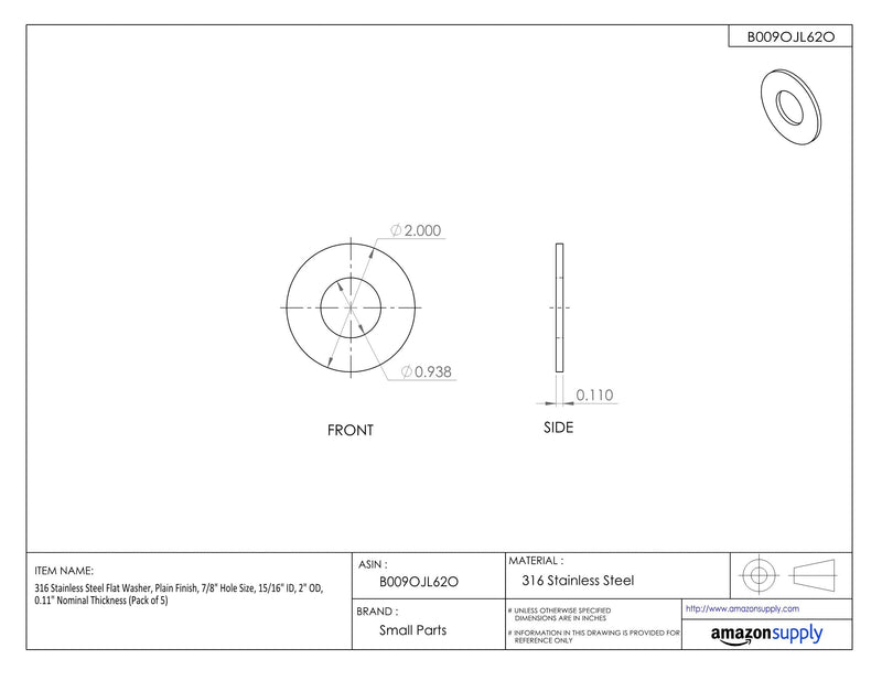 [Australia - AusPower] - Small Parts 316 Stainless Steel Flat Washer, Plain Finish, 1" Hole Size, 1-1/16" ID, 2" OD, 0.125" Nominal Thickness (Pack of 5) 1" 1.063' Inches 2.000' Inches 0.125' Inches 