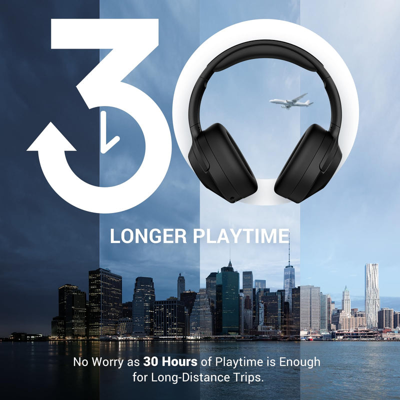 [Australia - AusPower] - Hybrid Active Noise Cancelling Headphones Wireless Over Ear Bluetooth Headphones with Microphone Deep Bass, Wireless Headphones with Hi-Fi Audio, Memory Foam Ear Cups, 30H Playtime - Black 