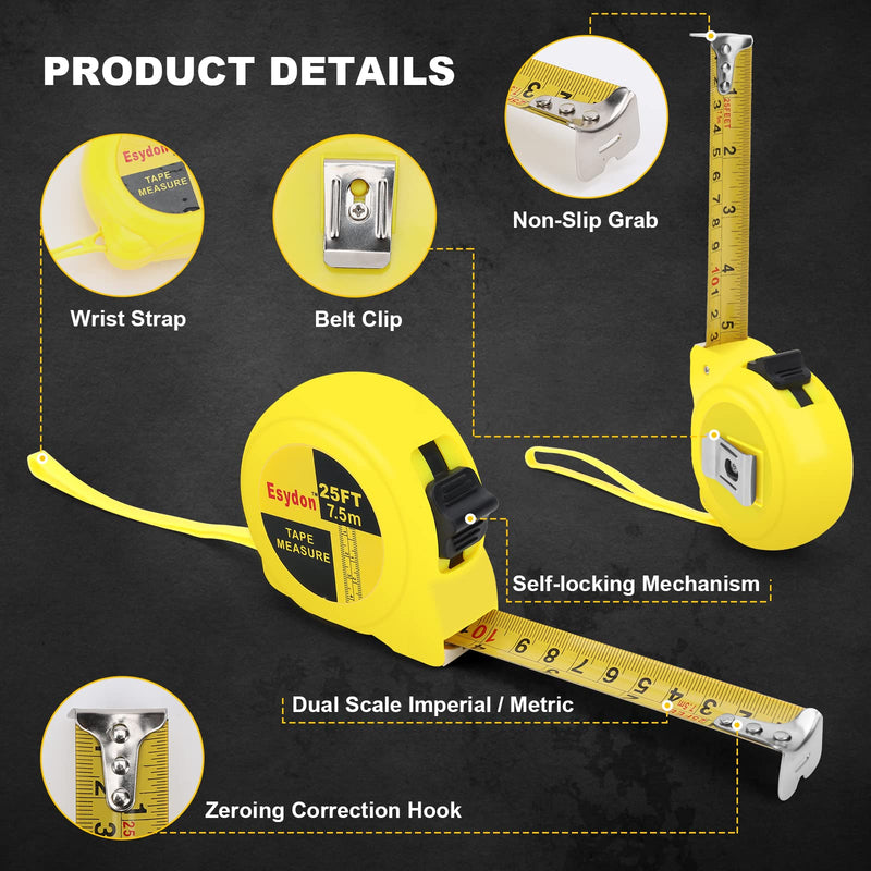 [Australia - AusPower] - 2 Packs Tape Measure 25 ft /16 ft, Esydon Measuring Tape Extendable, Self-Locking Tape Measurer, Easy Read Imperial/Metric Scale Measurement Tape for Designer, Decorator, & Handicraftsman 