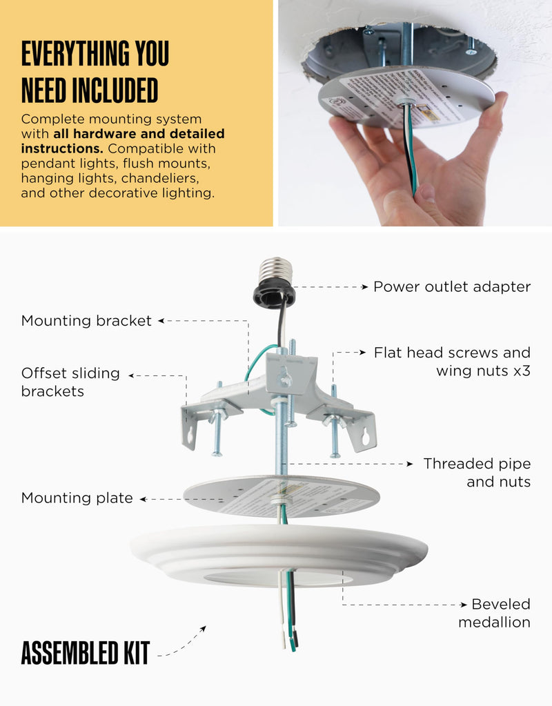 The Can Converter R56 Recessed Can Light Conversion Kit w/ 7"¾ Flat & Beveled Steel Ceiling Medallion - Home Improvement for 5" & 6" Cans, Fan & Light Fixture Converter Kit, UL Certified, White