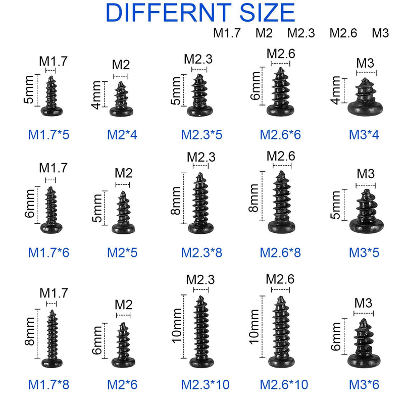 [Australia - AusPower] - 750 Pcs Small/Micro/Tiny/Mini Self-Tapping Screws, M1.7-M3 Phillips Pan Head, Cross Recessed, DIY Electronic, Carbon Steel (Black) 